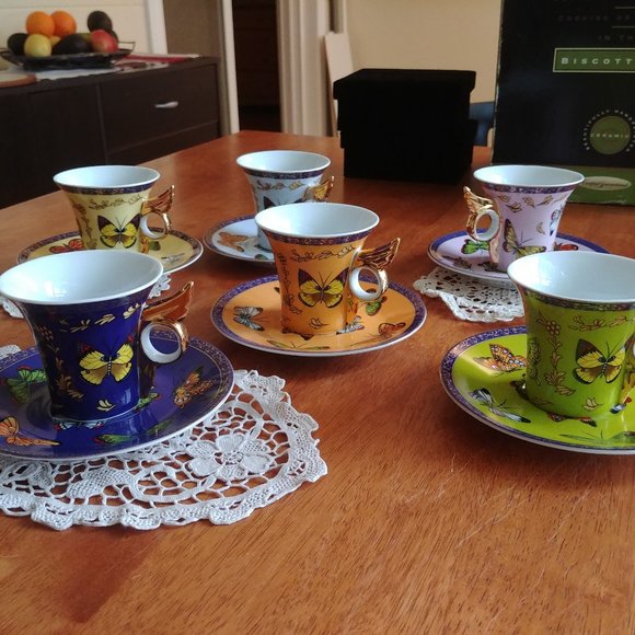 Other - Set of 6 Tea Coffee Rainbow butterfly cups & plates with GIFT BOX vintage bright